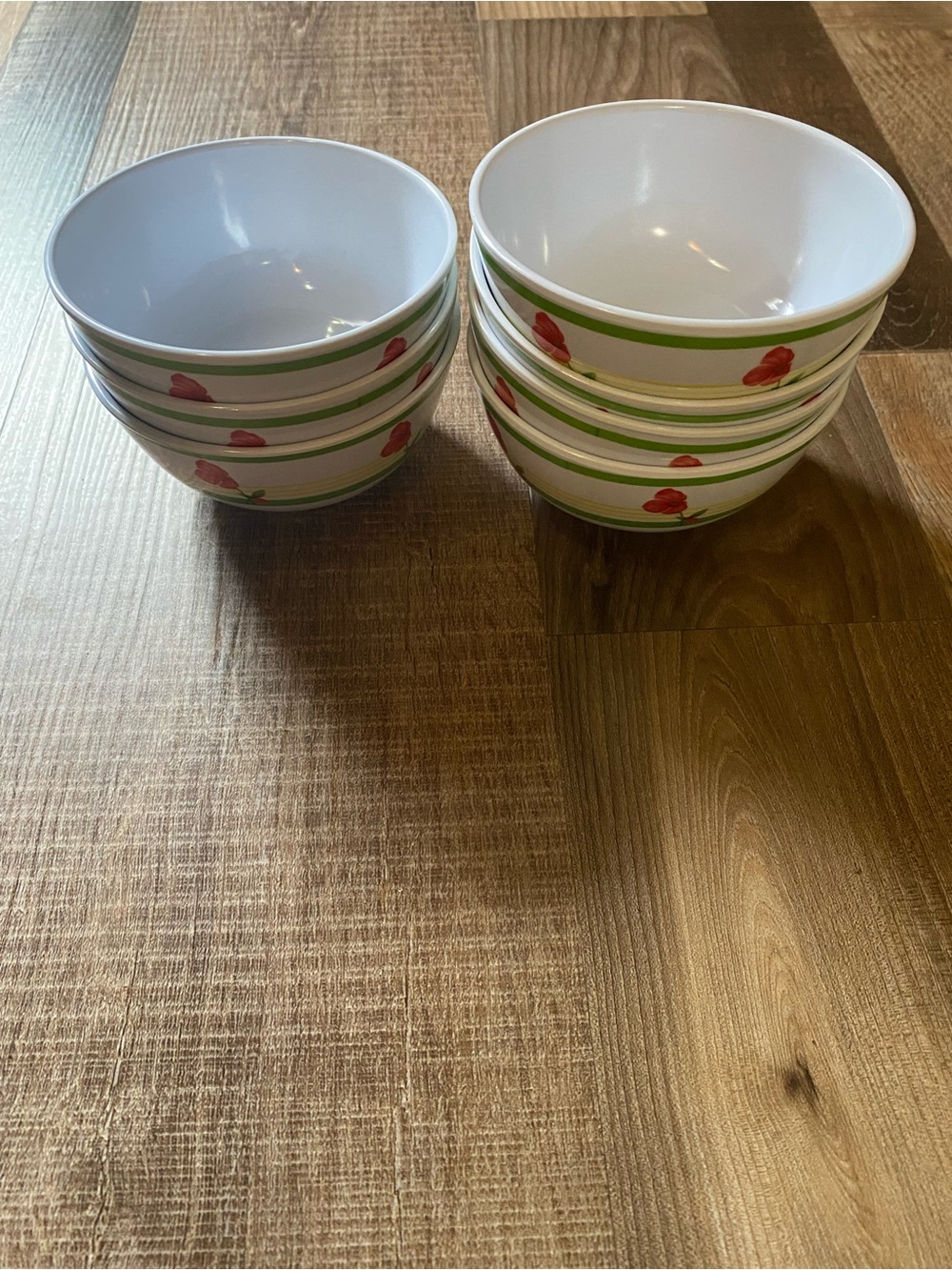 White Plastic Bowls with Green Band and Red Floral Accent - Set of 8. VINTAGE